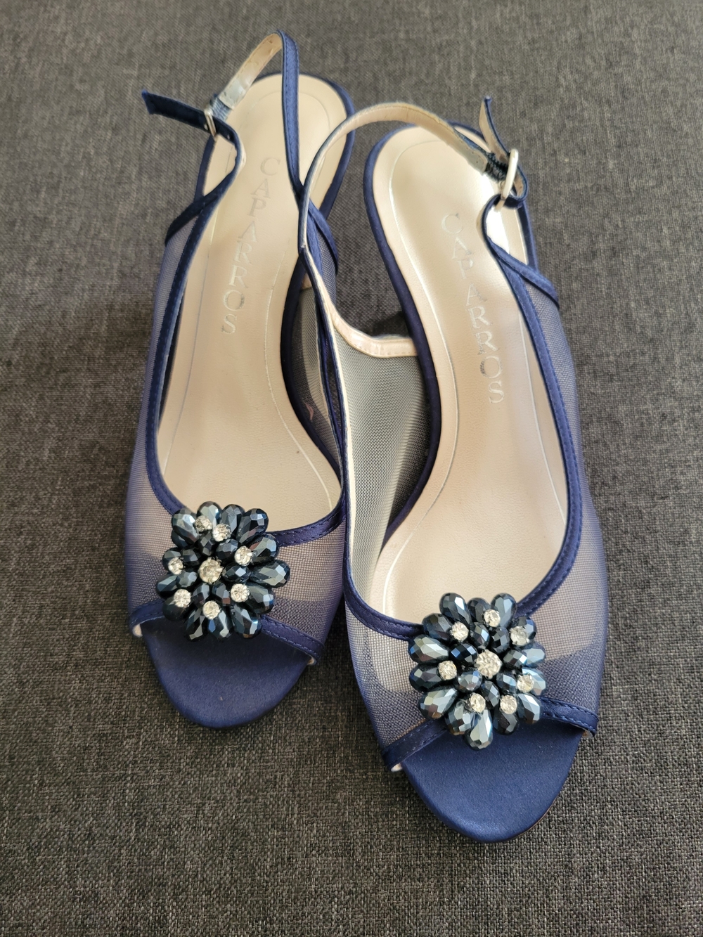 Caparros Navy Blue Jeweled Peep-Toe Slingback Sandals Sz 6.5